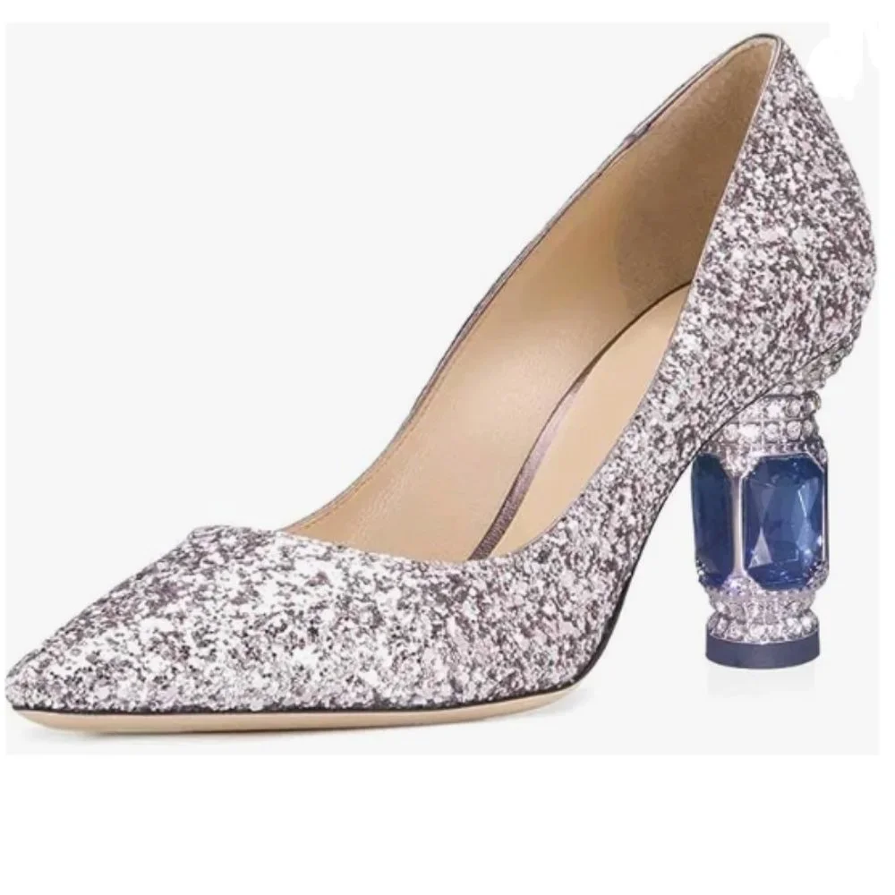 FSJ Silver Pointed Toe Mid Heels Crystal Pumps Comfort Wedding Glitter Shoes